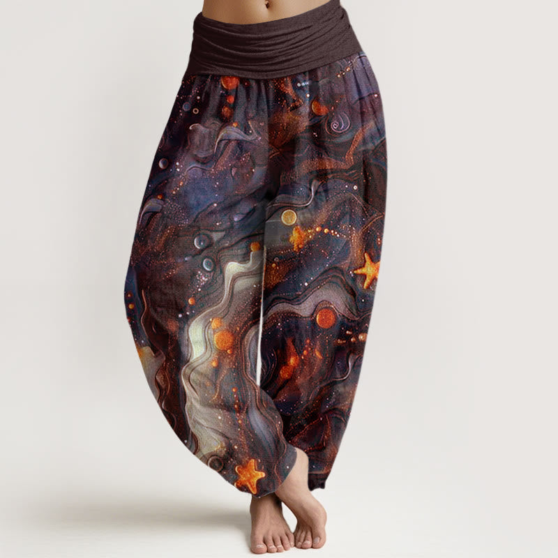 Pantalones harén con cintura elástica para mujer con estampado de estrellas doradas y oceánicas de Buddha Stones - SaddleBrown - US22，UK/AU26，EU54 (6XL) - image 5