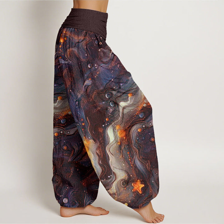 Pantalones harén con cintura elástica para mujer con estampado de estrellas doradas y oceánicas de Buddha Stones - image 7