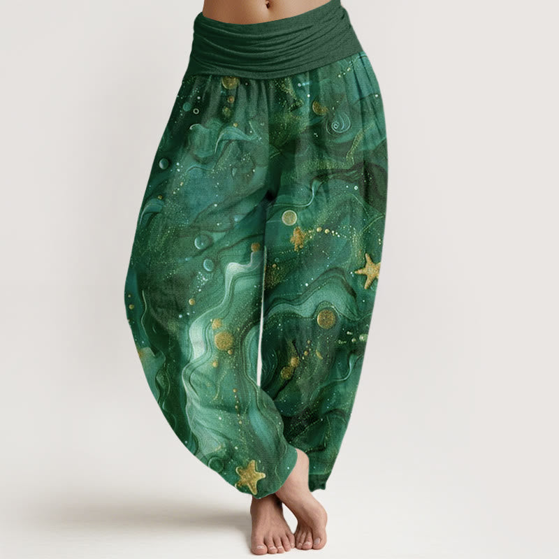 Pantalones harén con cintura elástica para mujer con estampado de estrellas doradas y oceánicas de Buddha Stones - Verde oscuro - US22，UK/AU26，EU54 (6XL) - image 8
