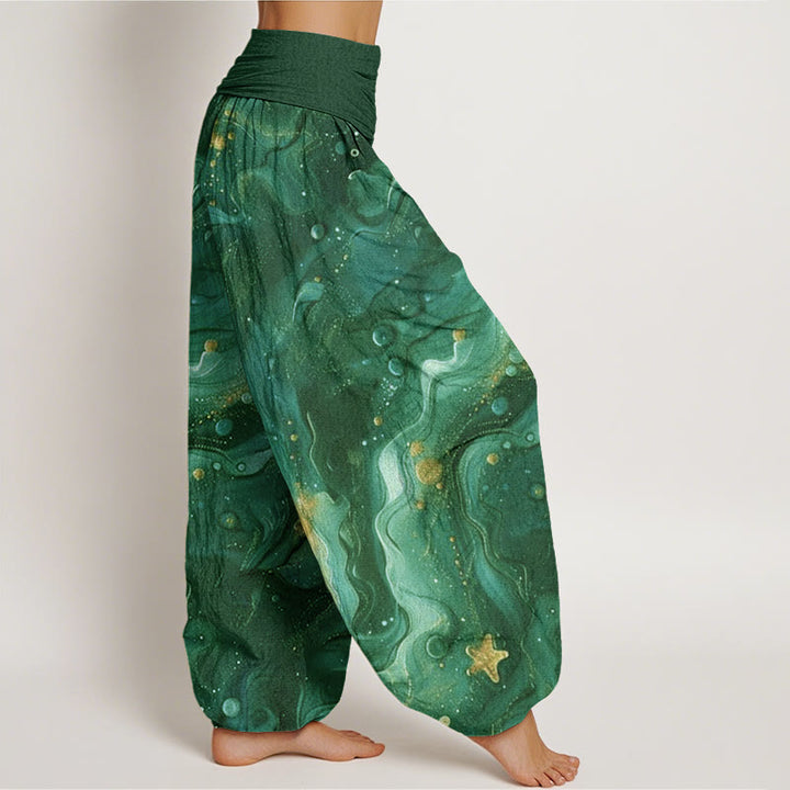 Pantalones harén con cintura elástica para mujer con estampado de estrellas doradas y oceánicas de Buddha Stones - image 10