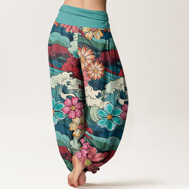 Pantalones harén con cintura elástica para mujer, con diseño de Buddha Stones oceánicas coloridas y diversas flores - image 2