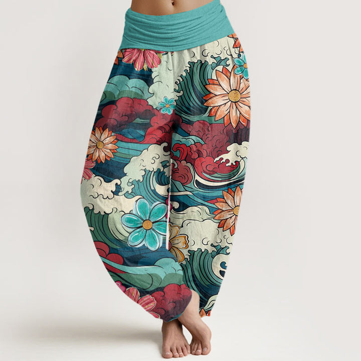 Pantalones harén con cintura elástica para mujer, con diseño de Buddha Stones oceánicas coloridas y diversas flores - Turquesa medio - US22，UK/AU26，EU54 (6XL) - image 0