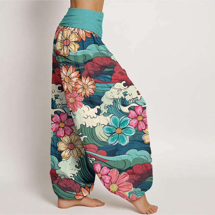 Pantalones harén con cintura elástica para mujer, con diseño de Buddha Stones oceánicas coloridas y diversas flores - image 3