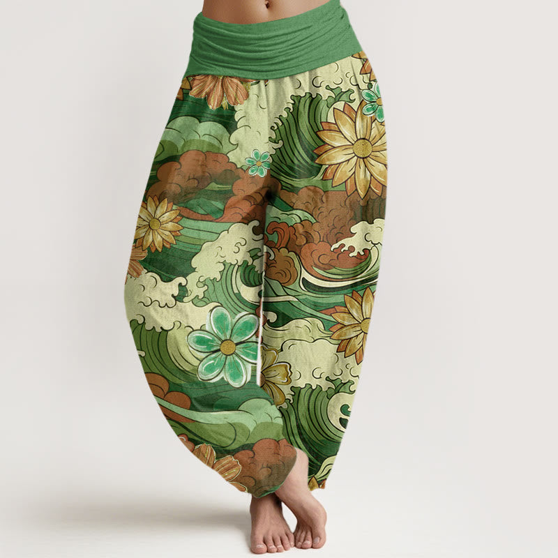 Pantalones harén con cintura elástica para mujer, con diseño de Buddha Stones oceánicas coloridas y diversas flores - Verde - US22，UK/AU26，EU54 (6XL) - image 4