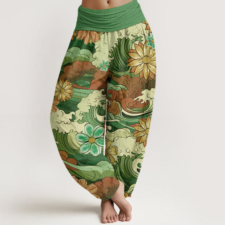 Pantalones harén con cintura elástica para mujer, con diseño de Buddha Stones oceánicas coloridas y diversas flores - Verde - US22，UK/AU26，EU54 (6XL) - image 4