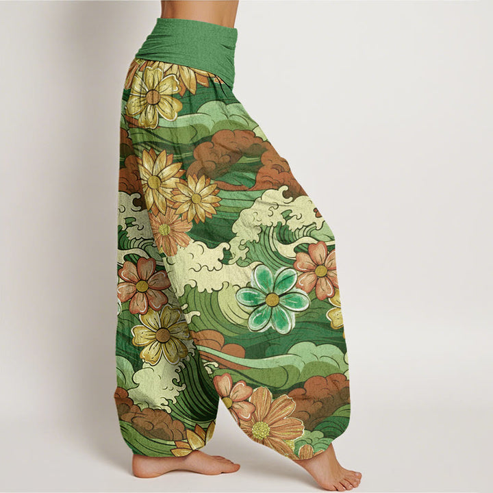 Pantalones harén con cintura elástica para mujer, con diseño de Buddha Stones oceánicas coloridas y diversas flores - image 6