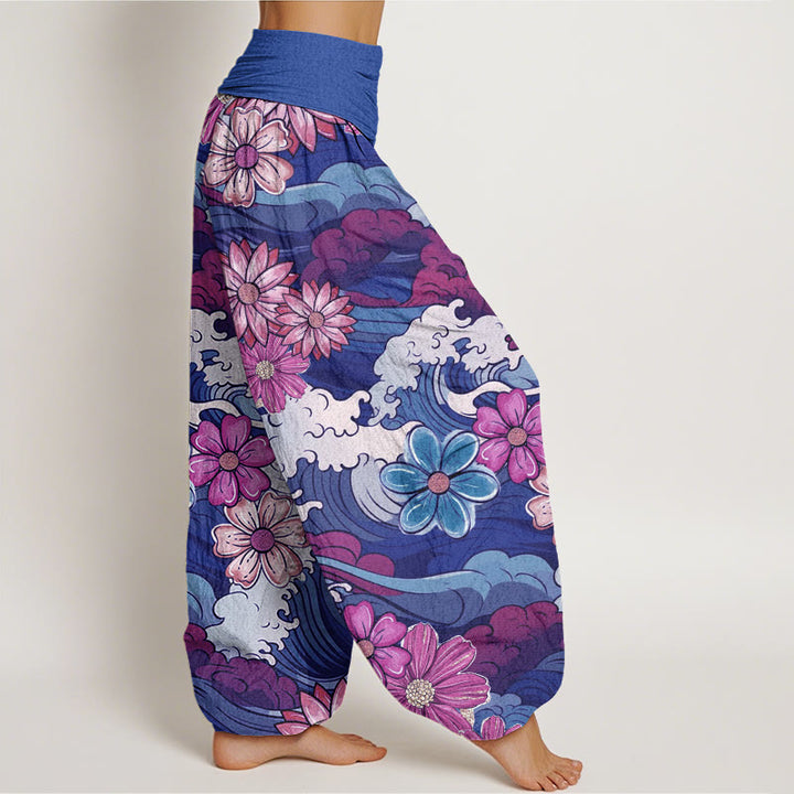 Pantalones harén con cintura elástica para mujer, con diseño de Buddha Stones oceánicas coloridas y diversas flores - image 9