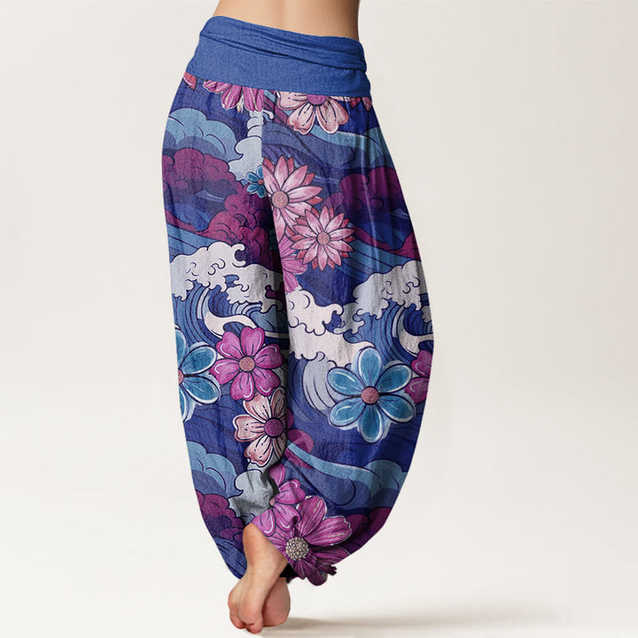 Pantalones harén con cintura elástica para mujer, con diseño de Buddha Stones oceánicas coloridas y diversas flores - image 9