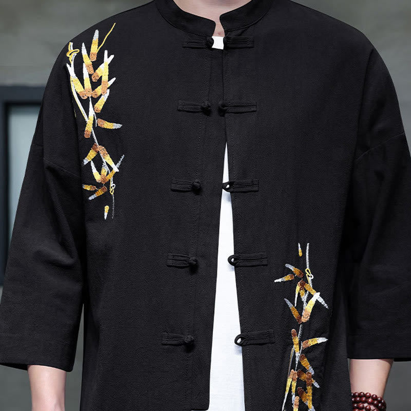 Camisa china de manga tres cuartos con botones de rana y bordado de Buddha Stones para hombre