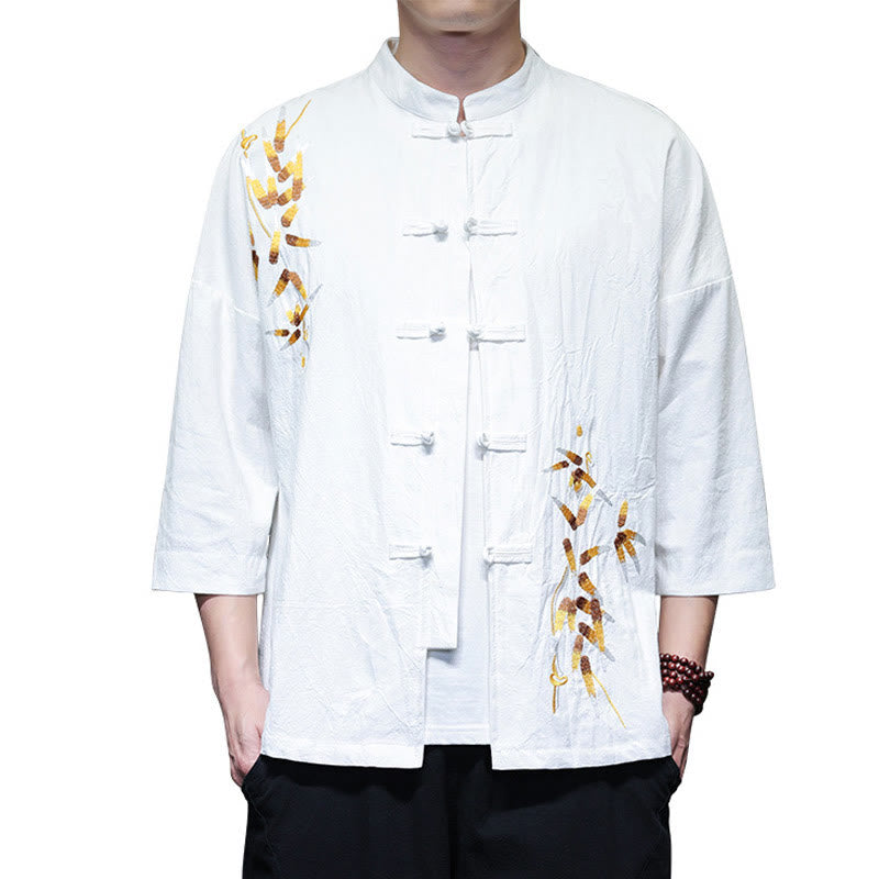 Camisa china de manga tres cuartos con botones de rana y bordado de Buddha Stones para hombre