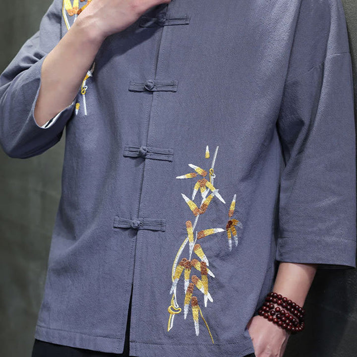 Camisa china de manga tres cuartos con botones de rana y bordado de Buddha Stones para hombre