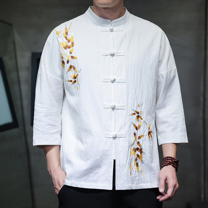 Camisa china de manga tres cuartos con botones de rana y bordado de Buddha Stones para hombre