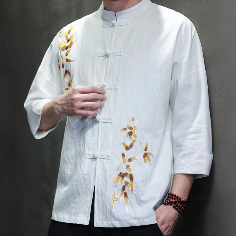 Camisa china de manga tres cuartos con botones de rana y bordado de Buddha Stones para hombre