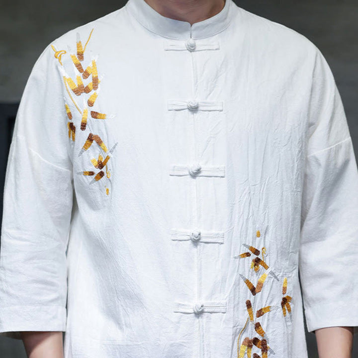 Camisa china de manga tres cuartos con botones de rana y bordado de Buddha Stones para hombre