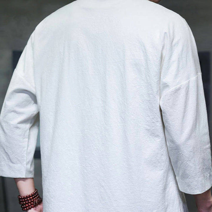 Camisa china de manga tres cuartos con botones de rana y bordado de Buddha Stones para hombre