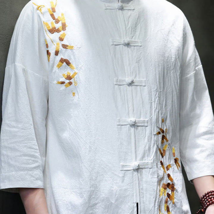Camisa china de manga tres cuartos con botones de rana y bordado de Buddha Stones para hombre