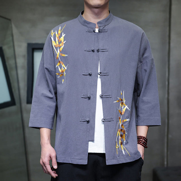 Camisa china de manga tres cuartos con botones de rana y bordado de Buddha Stones para hombre