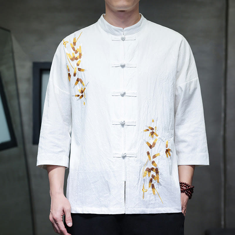 Camisa china de manga tres cuartos con botones de rana y bordado de Buddha Stones para hombre
