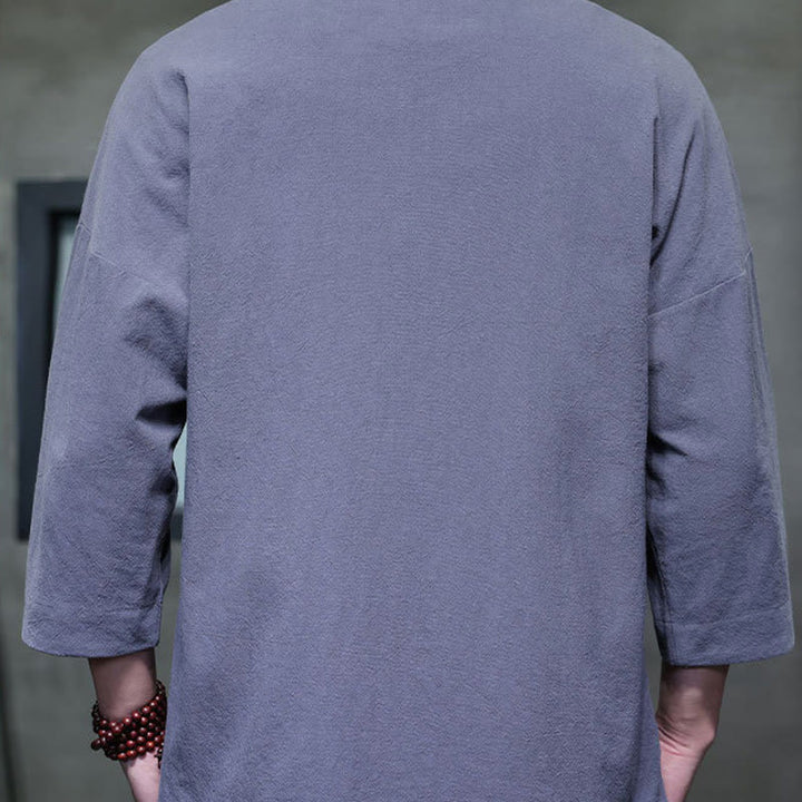 Camisa china de manga tres cuartos con botones de rana y bordado de Buddha Stones para hombre