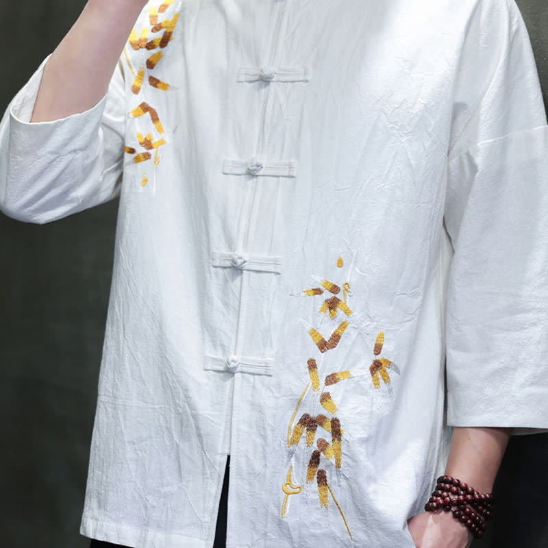 Camisa china de manga tres cuartos con botones de rana y bordado de Buddha Stones para hombre
