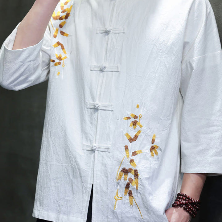 Camisa china de manga tres cuartos con botones de rana y bordado de Buddha Stones para hombre