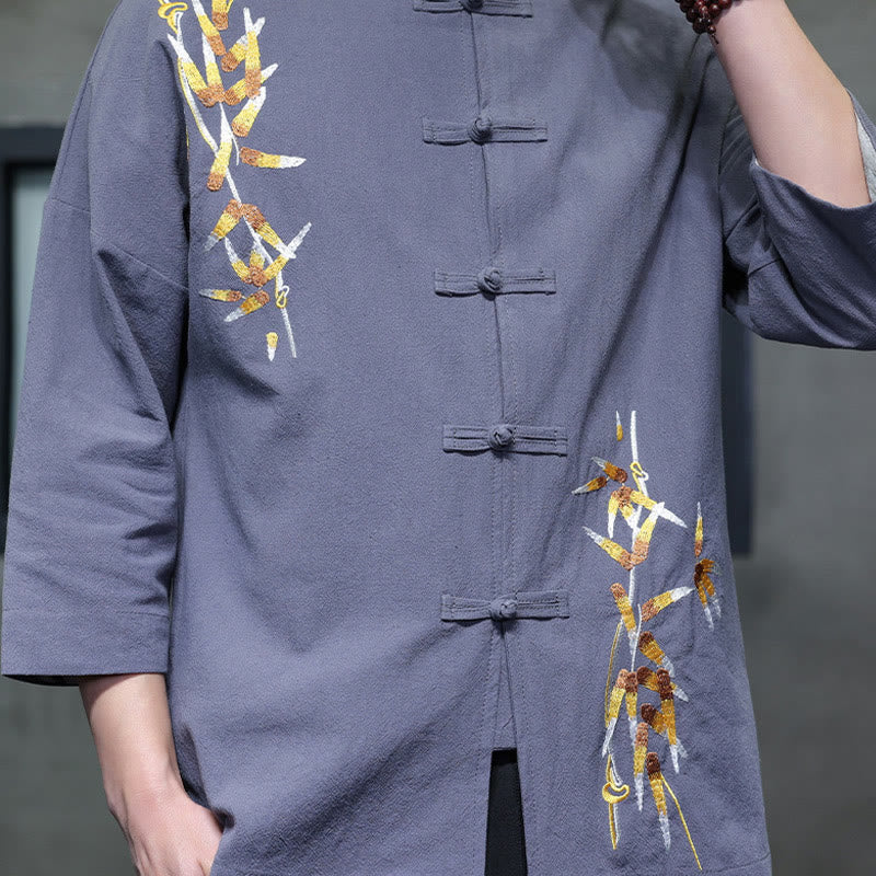 Camisa china de manga tres cuartos con botones de rana y bordado de Buddha Stones para hombre