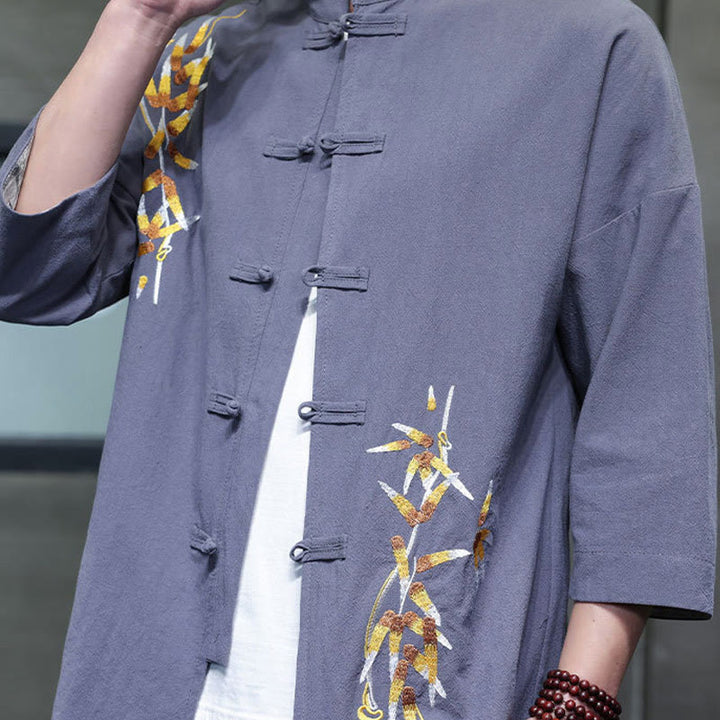 Camisa china de manga tres cuartos con botones de rana y bordado de Buddha Stones para hombre