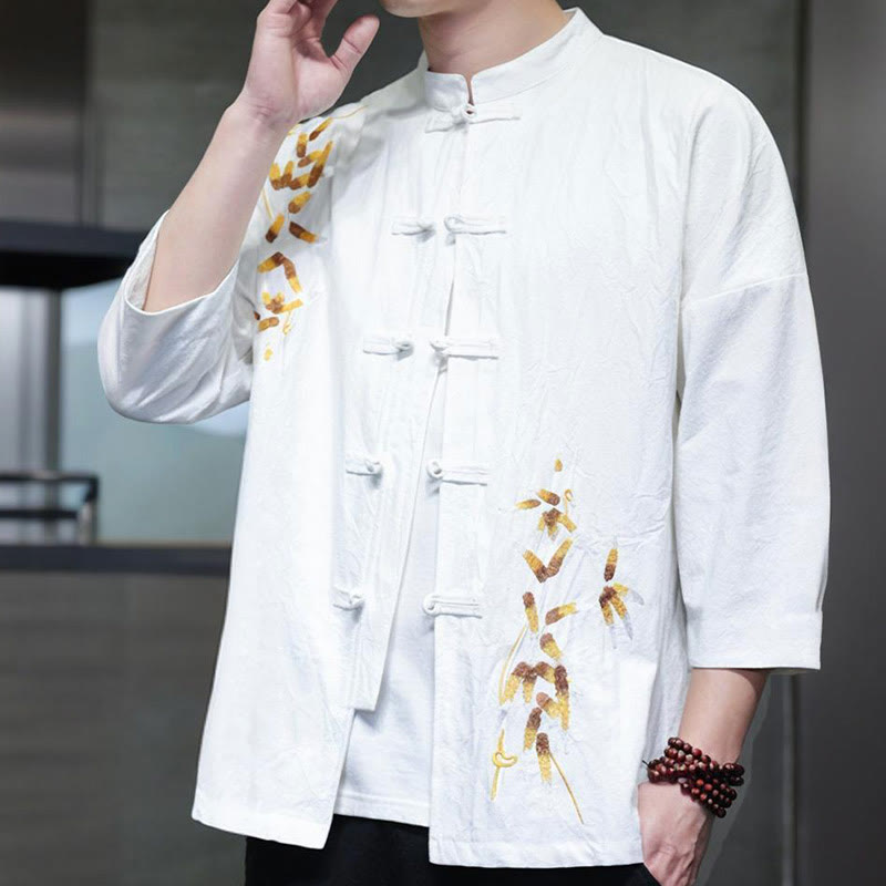 Camisa china de manga tres cuartos con botones de rana y bordado de Buddha Stones para hombre