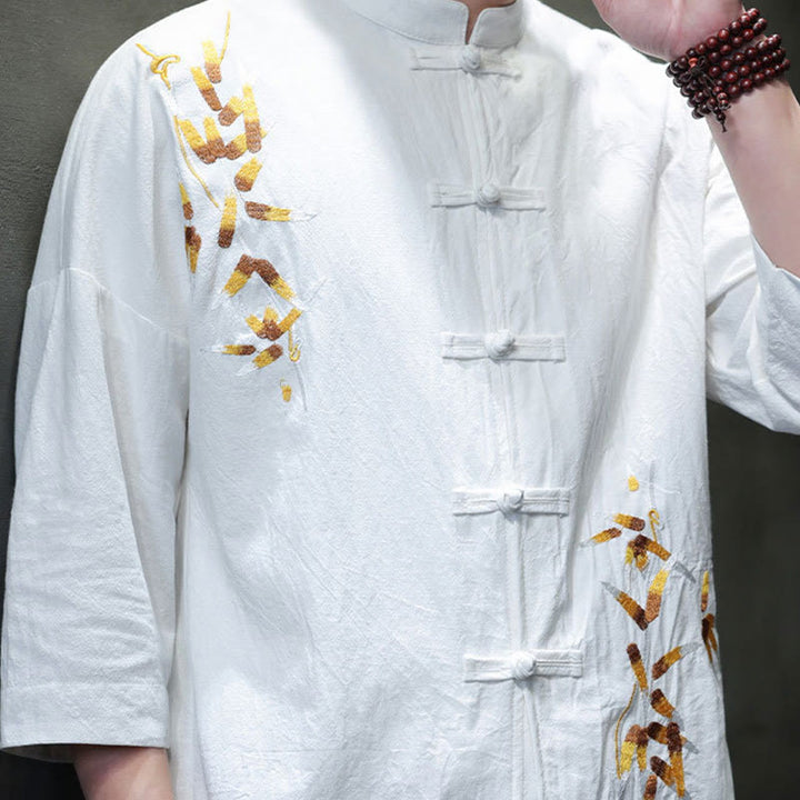Camisa china de manga tres cuartos con botones de rana y bordado de Buddha Stones para hombre