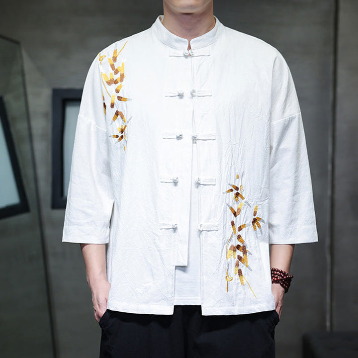 Camisa china de manga tres cuartos con botones de rana y bordado de Buddha Stones para hombre