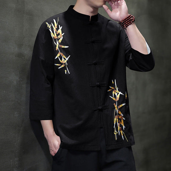 Camisa china de manga tres cuartos con botones de rana y bordado de Buddha Stones para hombre