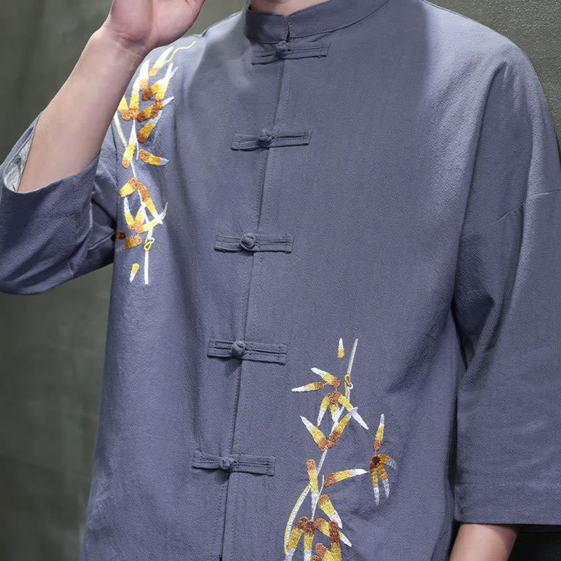 Camisa china de manga tres cuartos con botones de rana y bordado de Buddha Stones para hombre