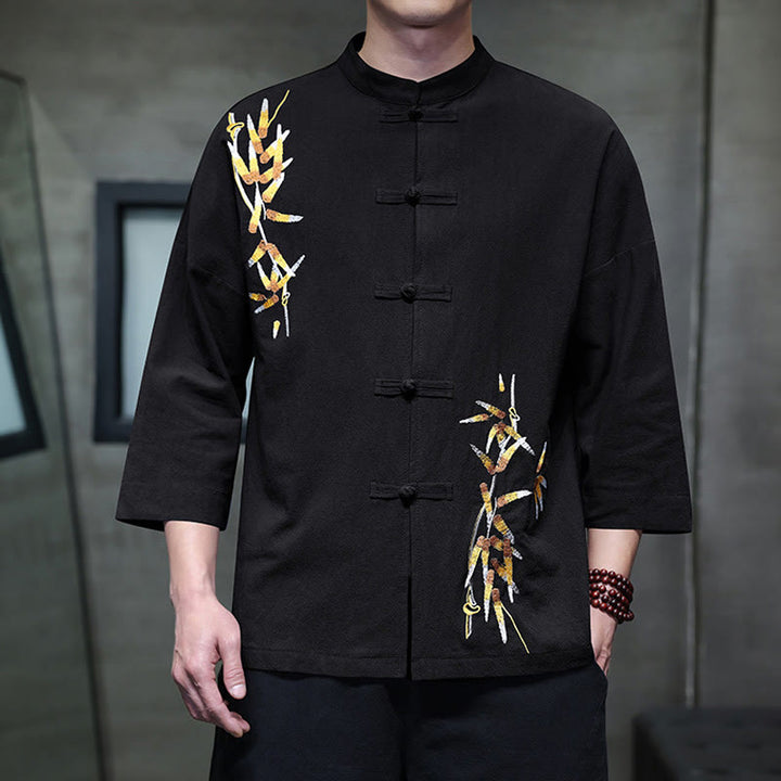 Camisa china de manga tres cuartos con botones de rana y bordado de Buddha Stones para hombre
