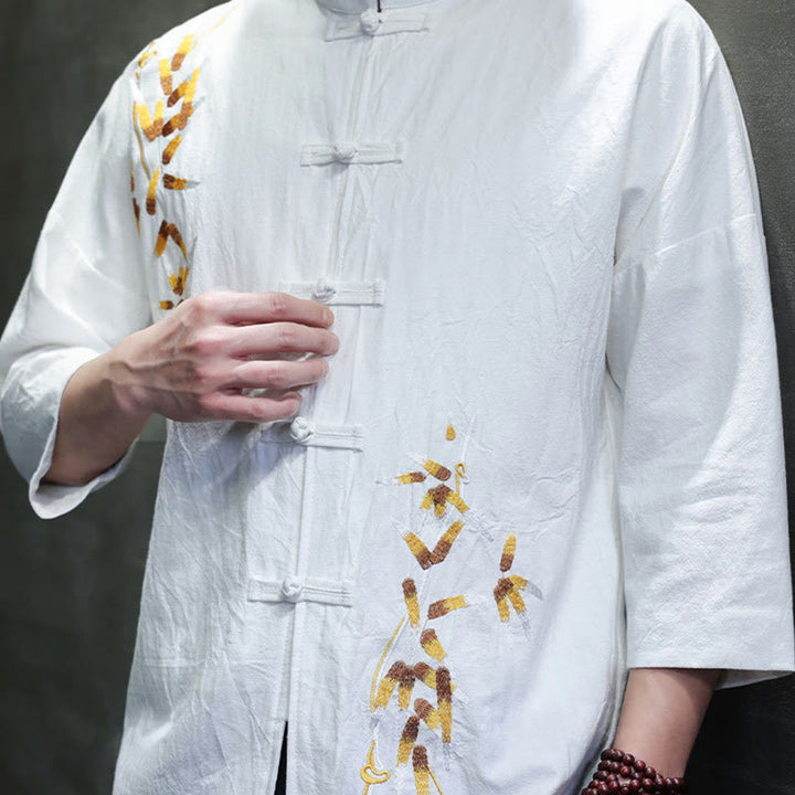 Camisa china de manga tres cuartos con botones de rana y bordado de Buddha Stones para hombre