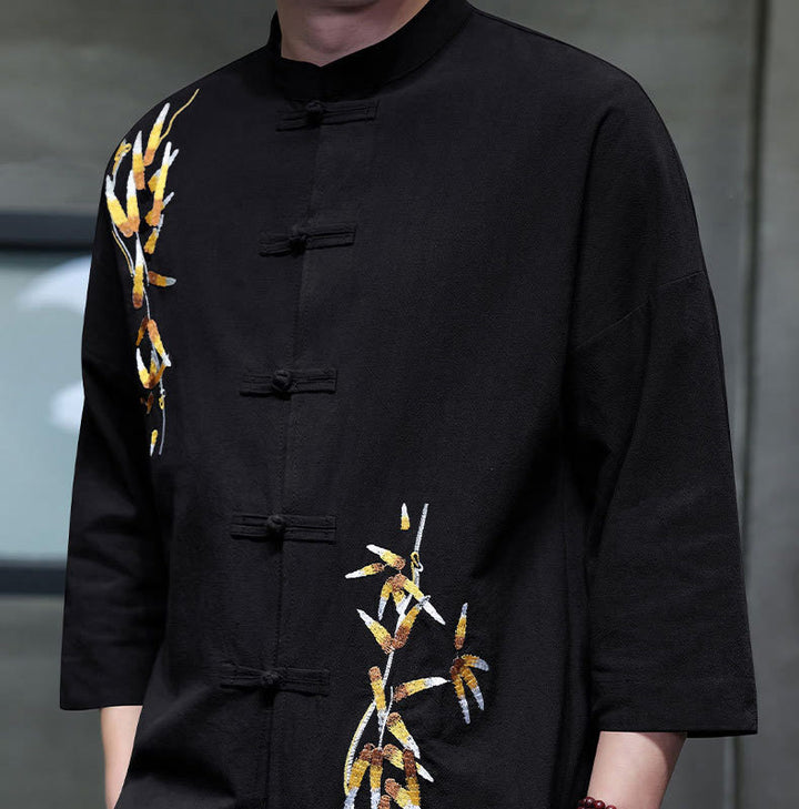 Camisa china de manga tres cuartos con botones de rana y bordado de Buddha Stones para hombre