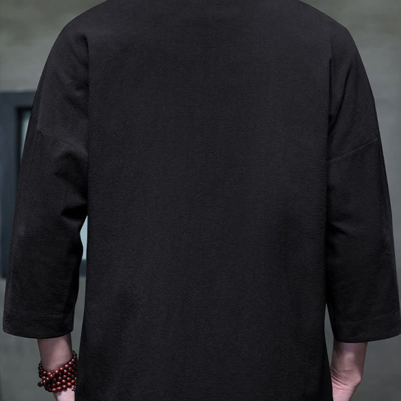 Camisa china de manga tres cuartos con botones de rana y bordado de Buddha Stones para hombre