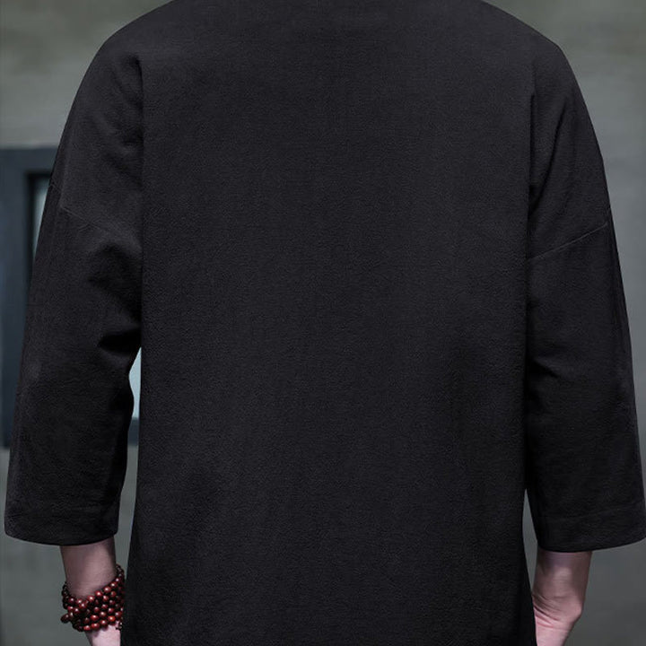 Camisa china de manga tres cuartos con botones de rana y bordado de Buddha Stones para hombre
