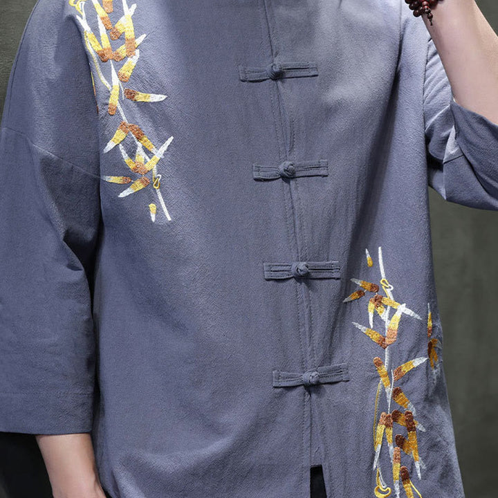 Camisa china de manga tres cuartos con botones de rana y bordado de Buddha Stones para hombre