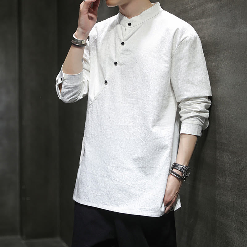 Buddha Stones Camisa de lino y algodón de manga larga para hombre, sencilla, con botones y cordones - image 18