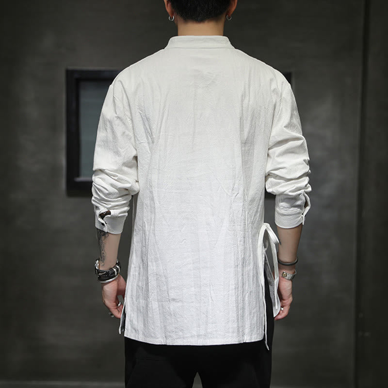 Buddha Stones Camisa de lino y algodón de manga larga para hombre, sencilla, con botones y cordones - image 15