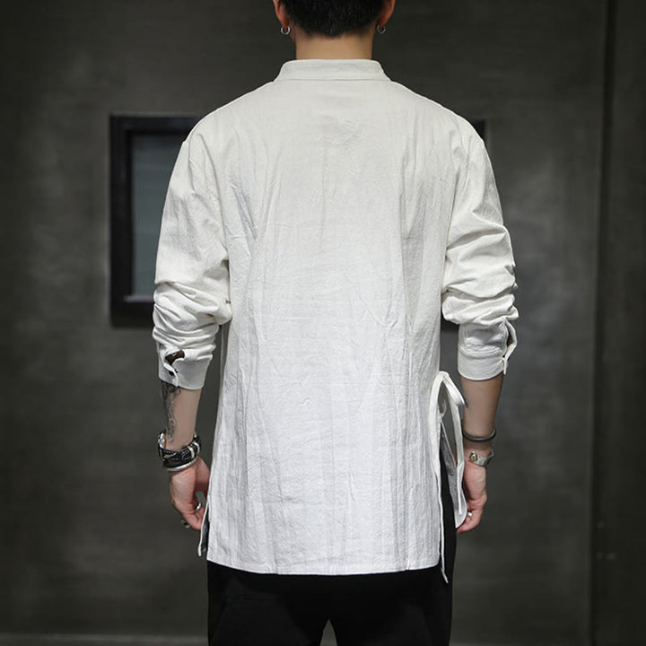 Buddha Stones Camisa de lino y algodón de manga larga para hombre, sencilla, con botones y cordones - image 15