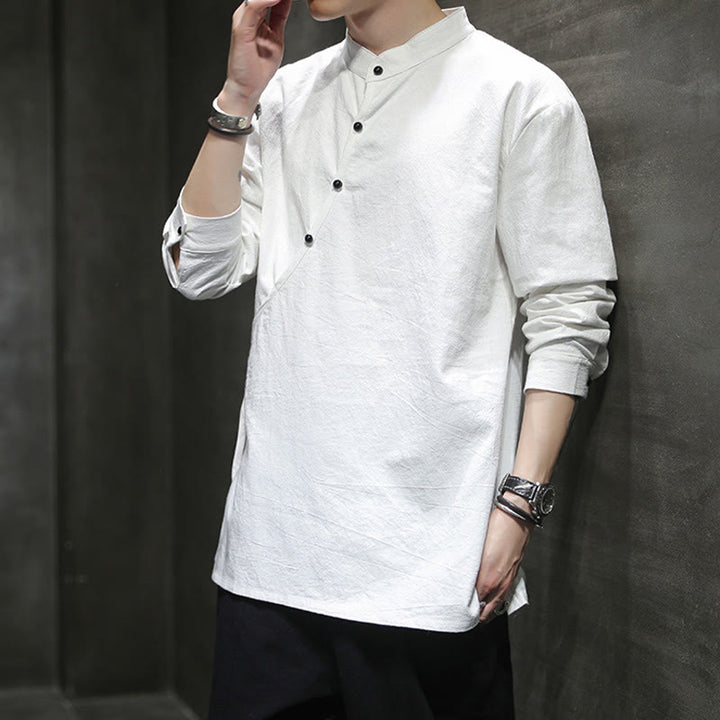 Buddha Stones Camisa de lino y algodón de manga larga para hombre, sencilla, con botones y cordones - image 18