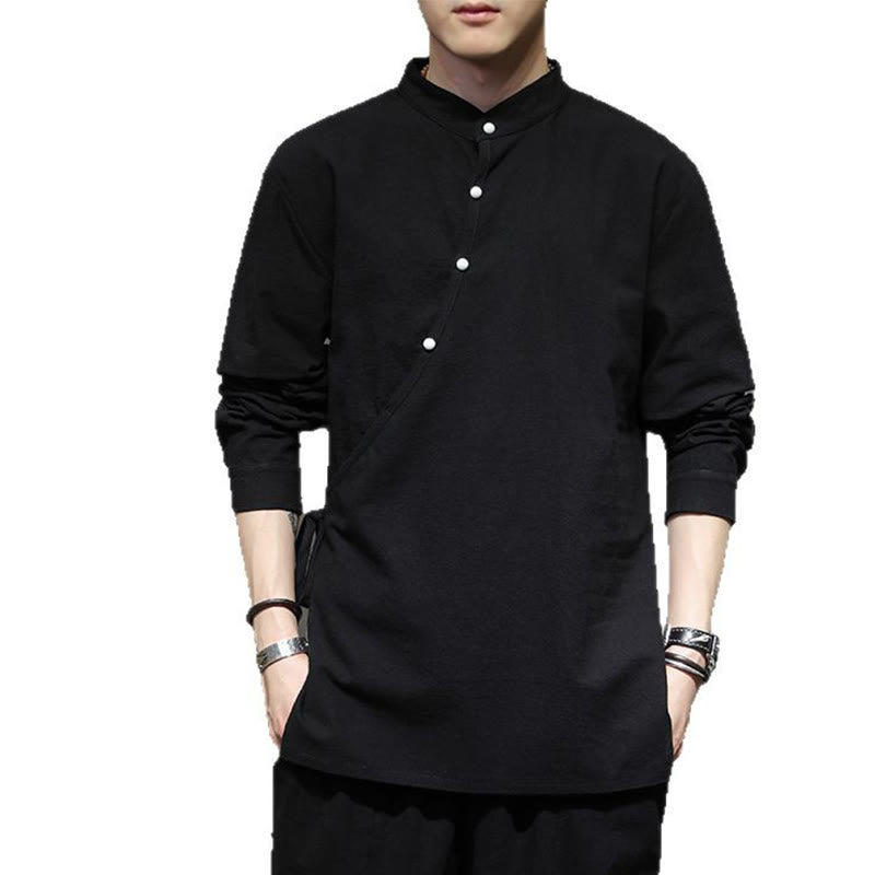 Buddha Stones Camisa de lino y algodón de manga larga para hombre, sencilla, con botones y cordones - image 12