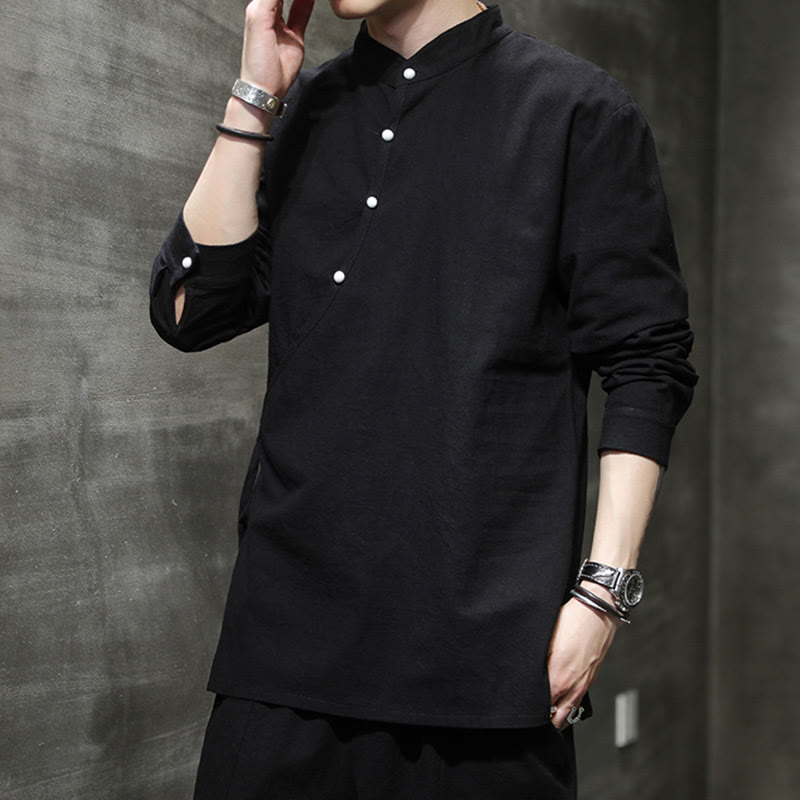 Buddha Stones Camisa de lino y algodón de manga larga para hombre, sencilla, con botones y cordones - image 1