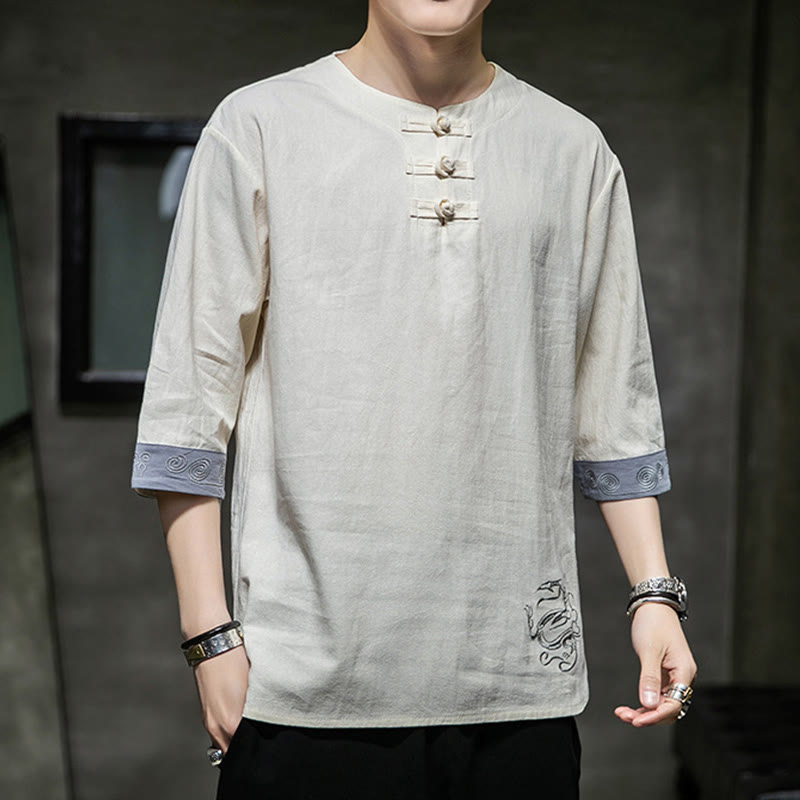 Camisa de lino y algodón de manga corta para hombre, con cuello redondo y botones de rana, bordada con Buddha Stones en verano - image 16