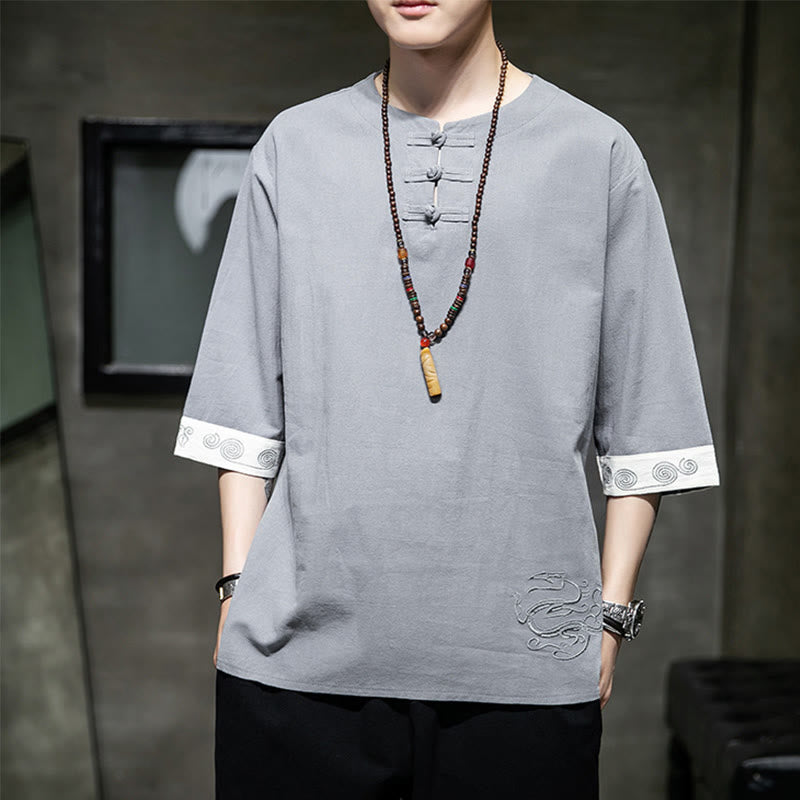 Camisa de lino y algodón de manga corta para hombre, con cuello redondo y botones de rana, bordada con Buddha Stones en verano - Plata - US/UK/AU46, EU56 (5XL) - image 0