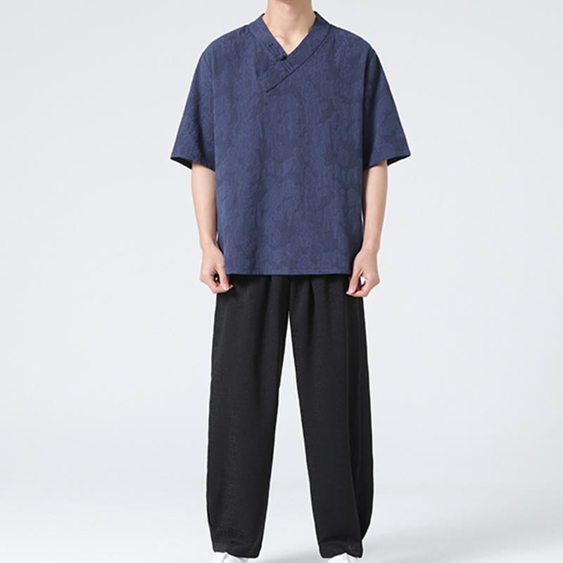 Camisa de lino y algodón de media manga para hombre, con cuello alto y botones de rana, estilo étnico desgastado con Buddha Stones , ropa de Tai Chi