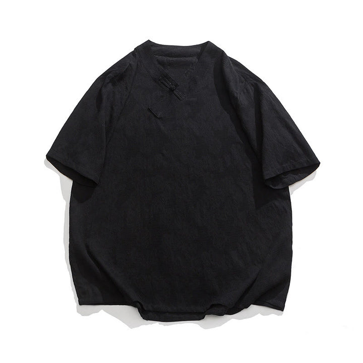 Camisa de lino y algodón de media manga para hombre, con cuello alto y botones de rana, estilo étnico desgastado con Buddha Stones , ropa de Tai Chi