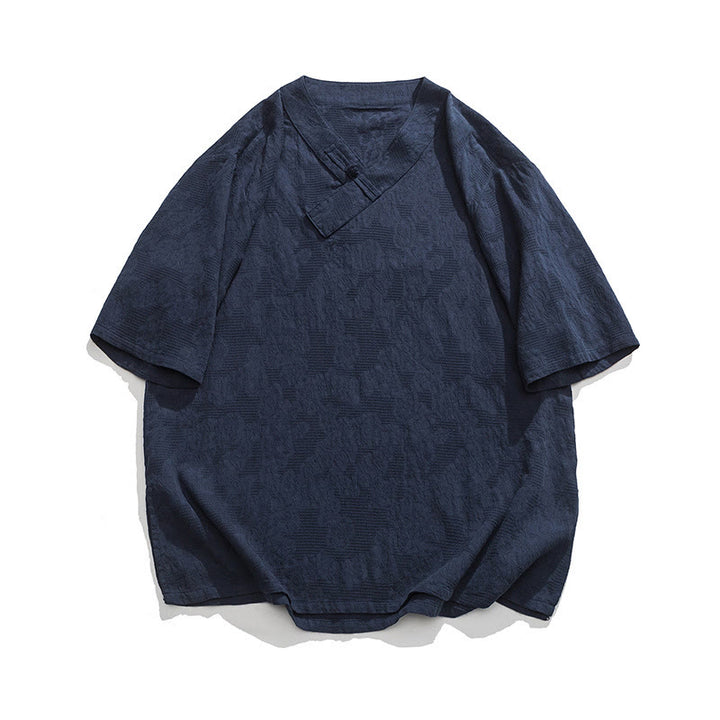 Camisa de lino y algodón de media manga para hombre, con cuello alto y botones de rana, estilo étnico desgastado con Buddha Stones , ropa de Tai Chi - Azul pizarra oscuro - US/UK/AU46, EU56 (5XL) - image 0