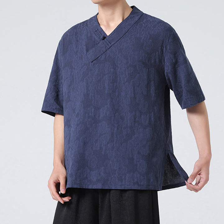 Camisa de lino y algodón de media manga para hombre, con cuello alto y botones de rana, estilo étnico desgastado con Buddha Stones , ropa de Tai Chi